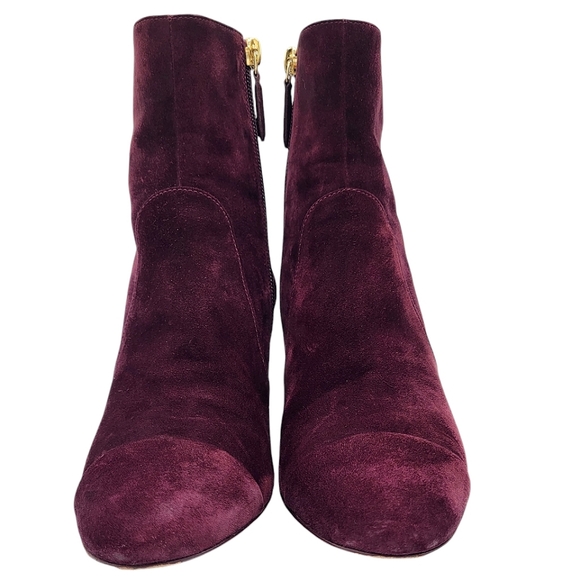 CHANEL CC Logo Cap Toe Suede Boots Double Stack Chain Burgundy 36.5 G36655 - Picture 7 of 16